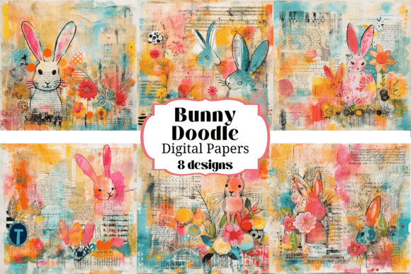 8 Bunny Doodle Digital Paper Backgrounds