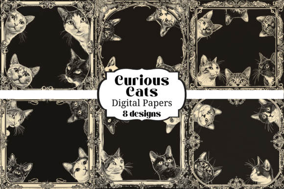 8 Curious Cats Digital Paper Backgrounds: Feline-Inspired Design Assets