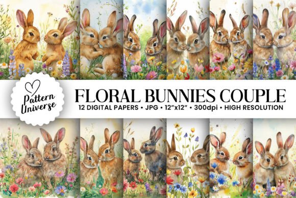 Floral Bunnies Couple Backgrounds: Whimsy for Your Designs